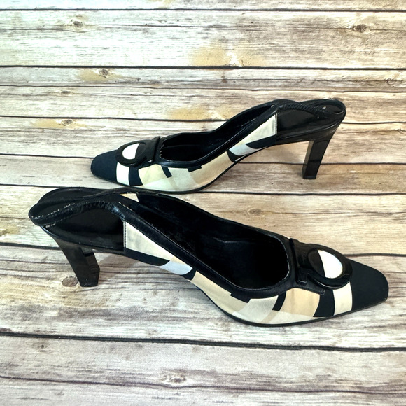 Salvatore Ferragamo Womens Tan Black Satin & Leather Slingback Heels 7B - Picture 5 of 16